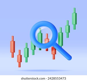 3D Stock Candle with Magnifying Glass Isolated. Render Stock Bars Shows Growth or Success. Financial Data Analysis, Business Research, Financial Market Trade. Money and Banking. Vector Illustration