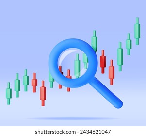 3D Stock Candle with Magnifying Glass Isolated. Render Stock Bars Shows Growth or Success. Financial Data Analysis, Business Research, Financial Market Trade. Money and Banking. Vector Illustration