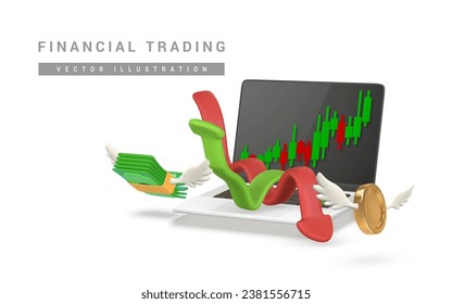 3d stock online trading with laptop, investment graph and flying money in cartoon style. Green red arrow up down. Trade infographic. Trading stock news impulses. Success of business strategy. Vector