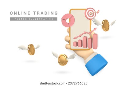 3d stock online trading with phone in hand, investment graph and flying gold coins in cartoon style. Vector illustration.