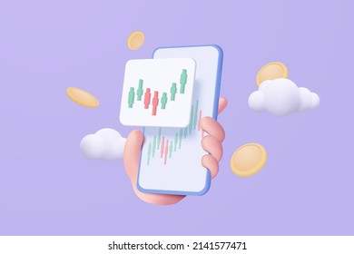 3D stock online trading with smartphone and money coin on mobile cloud. Investment graph using funding business on mobile in hand 3d concept. 3d vector stock trading for investment render illustration