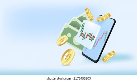 3D stock online trading with smartphone and money coin on mobile. Investment graph using funding business on mobile in hand 3d concept. 3d vector stock trading for investment render illustration