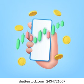 3D stock online trading with smartphone and money coin. nvestment trading in the stock market,Investment graph using funding business on mobile in hand. 3d rendering. Vector illustration