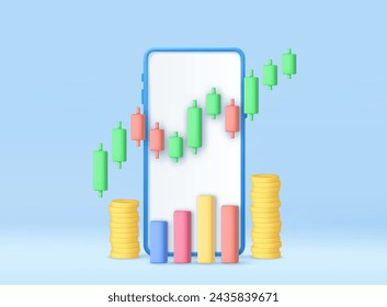 3D stock online trading with smartphone and money coin. nvestment trading in the stock market, Candle stick chart. 3d rendering. Vector illustration