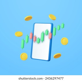 3D stock online trading with smartphone and money coin. nvestment trading in the stock market, Candle stick chart. 3d rendering. Vector illustration