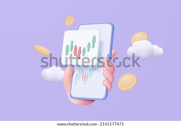 3D stock online trading with smartphone and\
money coin on mobile cloud. Investment graph using funding business\
on mobile in hand 3d concept. 3d vector stock trading for\
investment render\
illustration