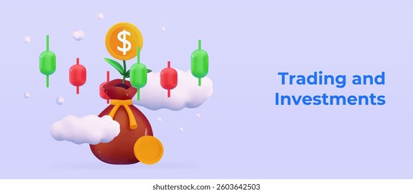 3D stock trading concept Sell and buy money cash and exchange with finance business Earning investment Pouch Money bag and coins