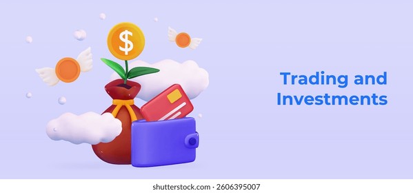 3D stock trading concept Sell and buy money cash and exchange with finance business Earning investment Pouch Money bag and wallet