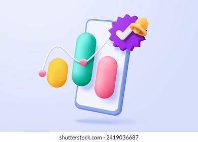 3D stock trading graph with mobile phone. Sell and buy money cash and exchange with finance business concept, earning investment. 3d bank trading vector icon for investment render illustration