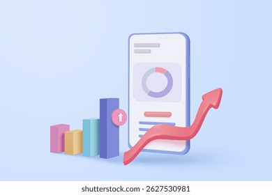 Gráfico comercial de acciones 3D con teléfono móvil. Venda y compre dinero en efectivo e intercambie con el concepto de negocio financiero, ganando inversión. Icono de Vector comercial bancario 3D para ilustración de renderizado de inversión