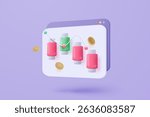 3D stock trading graph report for statistic in bubble icon. Sell and buy money cash and exchange with finance business failure, analyzing investment. 3d bank trading icon vector render illustration