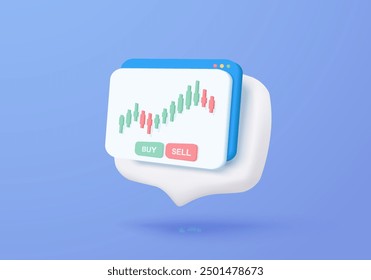 3D stock trading graph report for statistic market in bubble icon. Sell and buy money cash and exchange with finance business, analyzing investment. 3d bank trading icon vector render illustration