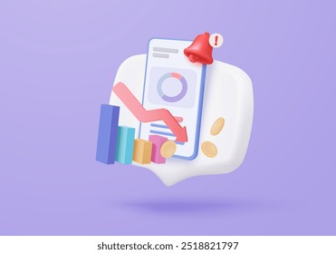 3D stock trading graph report for statistic in bubble icon. Sell and buy money cash and exchange with finance business failure, analyzing investment. 3d bank trading icon vector render illustration