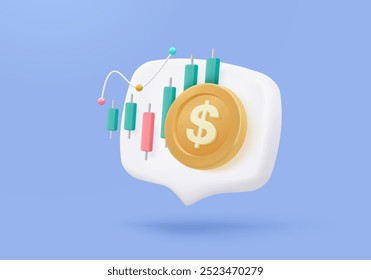 3D stock trading graph report for statistic market in bubble icon. Sell and buy money cash and exchange with finance business, analyzing investment. 3d bank trading icon vector render illustration