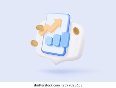 3D stock trading graph report for statistic market in bubble icon. Sell and buy money cash and exchange with finance business, analyzing investment. 3d bank trading icon vector render illustration