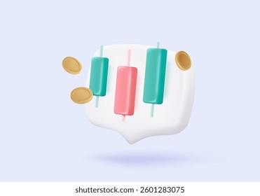 3D stock trading graph report for statistic market in bubble icon. Sell and buy money cash and exchange with finance business, analyzing investment. 3d bank trading icon vector render illustration