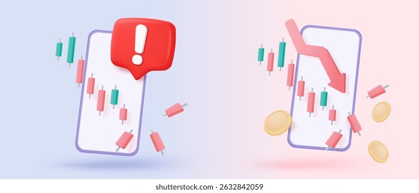 relatório gráfico de negociação de ações 3D para estatística no ícone de bolha. Vender e comprar dinheiro em dinheiro e troca com falência de negócios financeiros, analisando o investimento. Ilustração de renderização de vetor de ícone de negociação de banco 3d