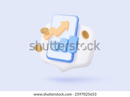 3D stock trading graph report for statistic market in bubble icon. Sell and buy money cash and exchange with finance business, analyzing investment. 3d bank trading icon vector render illustration