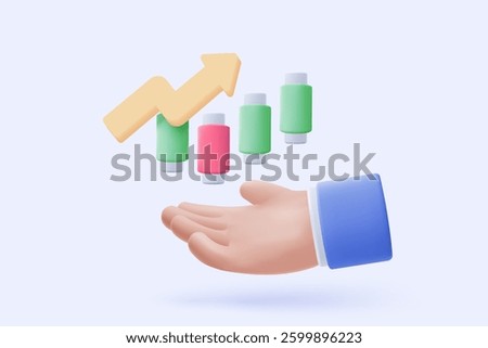 3D stock trading graph report for statistic market in bubble icon. Sell and buy money cash and exchange with finance business, analyzing investment. 3d bank trading icon vector render illustration