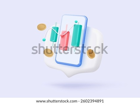 3D stock trading graph report for statistic market in bubble icon. Sell and buy money cash and exchange with finance business, analyzing investment. 3d bank trading icon vector render illustration