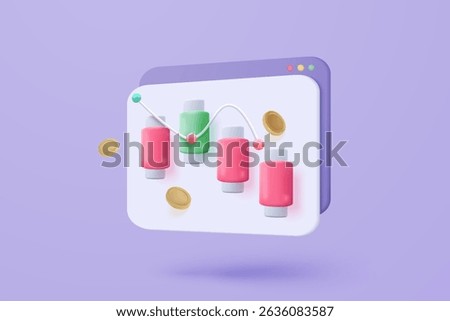 3D stock trading graph report for statistic in bubble icon. Sell and buy money cash and exchange with finance business failure, analyzing investment. 3d bank trading icon vector render illustration