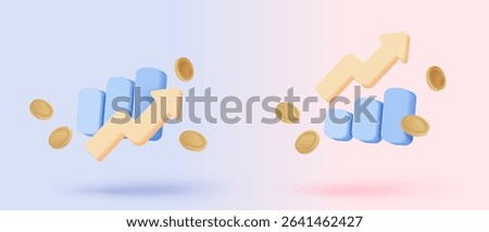 3D stock trading graph report for statistic market in bubble icon. Sell and buy money cash and exchange with finance business, analyzing investment. 3d bank trading icon vector render illustration