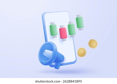 Informe estadístico de gráfico de operaciones bursátiles 3D con icono de altavoz o altavoz para anunciar. megáfono gritando fuerte con el negocio financiero, analizando la inversión. Ilustración de renderizado de Vector de icono de comercio 3D