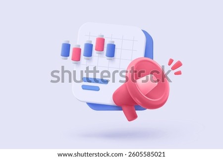 3D stock trading graph statistic report with speaker icon or loudspeaker for announce. megaphone loud shouting with finance business, analyzing investment. 3d trading icon vector render illustration