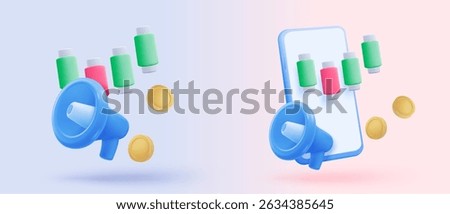 3D stock trading graph statistic report with speaker icon or loudspeaker for announce. megaphone loud shouting with finance business, analyzing investment. 3d trading icon vector render illustration