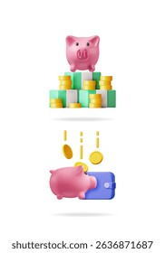 3d stock vector illustration set collection with a piggy bank receiving coins into a wallet and a piggy bank on a bar graph with coins to show business savings.