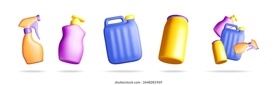 3d stock vector illustration set collection of various colorful cleaning bottles for household and hygiene product