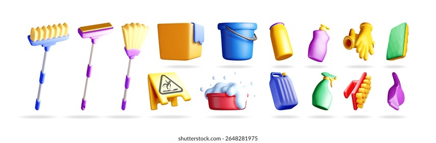 3d stock vector illustration set collection of various colorful cleaning supplies and tools for household and professional hygiene.