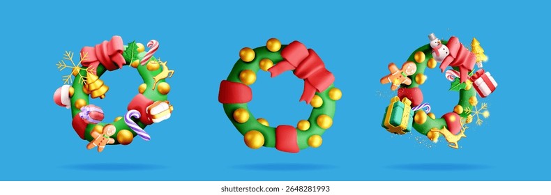 3d stock vector illustration set collection of festive Christmas wreaths. Holiday decorations for seasonal greeting design.