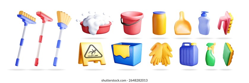 3d stock vector illustration set collection of various cleaning supplies for hygiene and household work. A comprehensive set of tools and products for home or professional cleaning tasks.