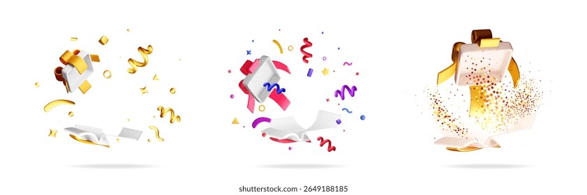 3D stock vector illustration set collection of opened gift boxes with colorful confetti, ribbons, and abstract shapes exploding outward.