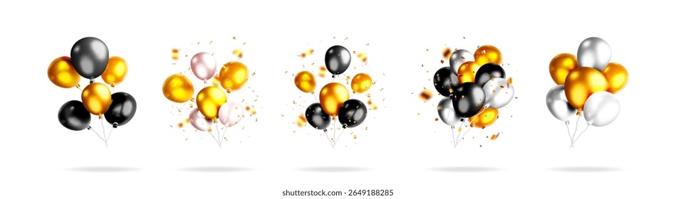 3D stock vector illustration set of realistic balloons bundle with confetti and shadow for special event design.