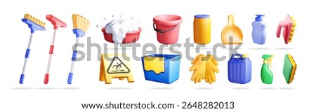 3d stock vector illustration set collection of various cleaning supplies for hygiene and household work. A comprehensive set of tools and products for home or professional cleaning tasks.