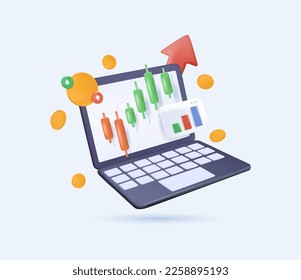 3D Stocks market graph crypto chart on laptop screen. Technical analysis candlestick chart money. Global stock exchanges index. Forex trading concept. Trading strategy. 3D render Vector illustration