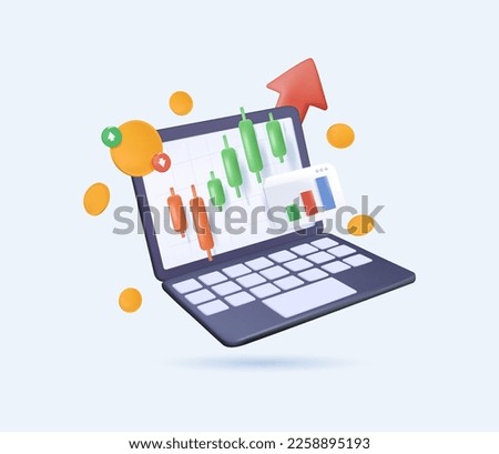 3D Stocks market graph crypto chart on laptop screen. Technical analysis candlestick chart money. Global stock exchanges index. Forex trading concept. Trading strategy. 3D render Vector illustration