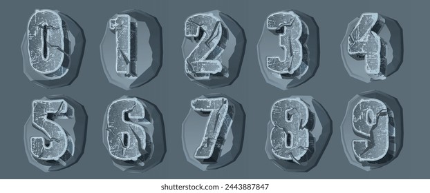 Fuente del alfabeto de piedra 3D. Letras y números rotos. Vector de texto mecanografiado para su diseño tipográfico.