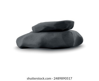 Podio vacío gris oscuro de piedra 3d con superficie desigual, áspera. Dos piedras minerales de diferentes tamaños se apilan una encima de la otra. Pieza de roca natural rota hecha de mármol. Ilustración vectorial.