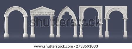 3d stone palace arch, marble castle archway, antique roman column pillars, ancient temple gate, Greek doorway arc. Realistic vector monumental building architecture. Classical antique portal frames