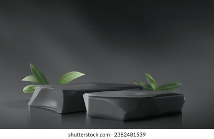 3d stone podium for cosmetic product display background. Minimal beauty rock stand for bathroom showcase with green leaves scene. Abstract modern black skincare presentation zen interior design