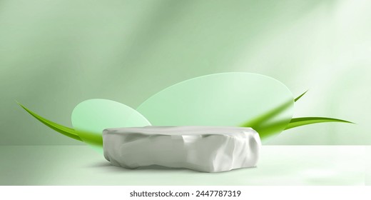 3d stone podium for cosmetic product. Nature rock stage realistic mockup for skincare ad. Green advertising background and commercial spa studio design. Cream or perfume pedestal with aloe leaves