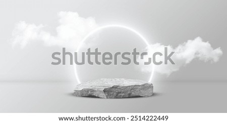 3d stone podium with white shiny circle frame and clouds vector illustration. Abstract realistic stand pedestal of round geometric shape, stage platform for luxury product presentation background.