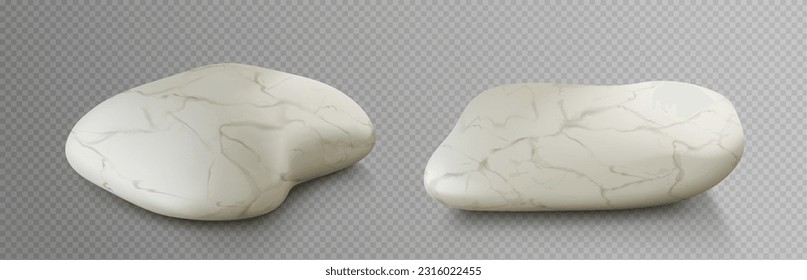 3d stone podiums, rock platforms for display nature products for spa and cosmetic. Smooth white marble pebbles isolated on transparent background, vector realistic illustration