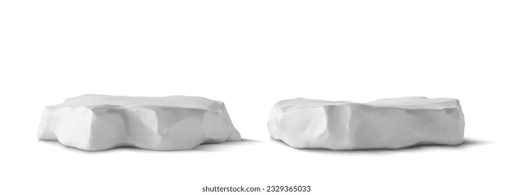 3d stone rock podium nature platform for cosmetic product. Minimal studio stage for beauty or fashion showcase. Isolated realistic grey cement grunge pedestal element mockup set for advertising.