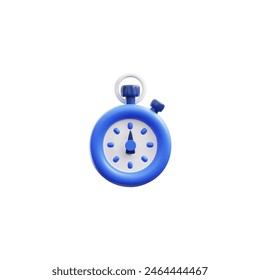 3D stopwatch icon is blue on a white background, symbolizing the measurement of time and speed. Vector illustration of a chronometer to determine the timing