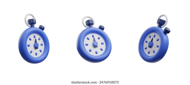 3D stopwatch realistic vector icon set. Blue timer with button. Measurement, time-keeping, deadline, time management concept. Time countdown device view from different sides