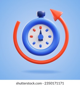 3D stopwatch with red arrow. Blue timer with button. Measurement, time-keeping, countdown, deadline, time management concept. Realistic 3d vector reminder in plastic cartoon style.